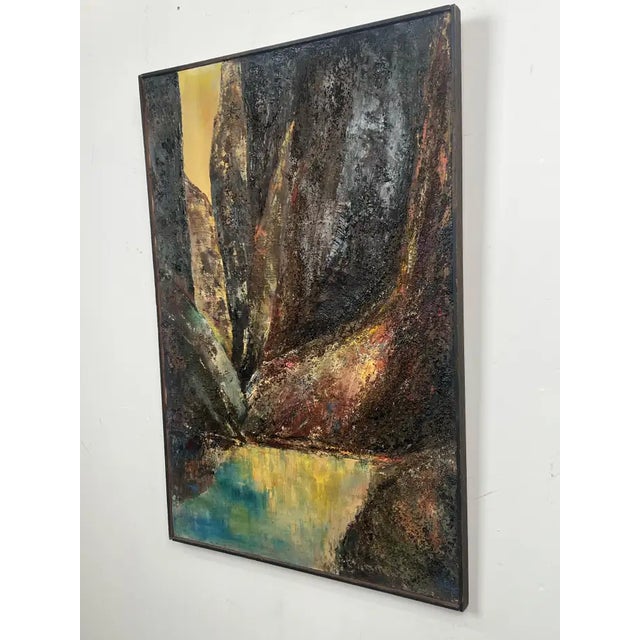 "Landscape with Foil" is a powerful mid-century abstract expressionist oil on canvas painting by listed New York artist...