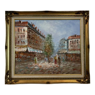 Vintage Signed Burnet Paris Street Scene Oil Painting in Ornate Gilt Frame For Sale