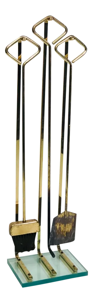 1970s Fontana Arte (Attributed) twos of Modern Brass and Glass Fire Tools Attributed to Fontana Arte - Set of 3