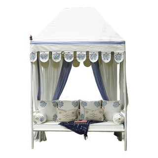 Coastal Blue & White Floral Block Print Garden Daybed For Sale
