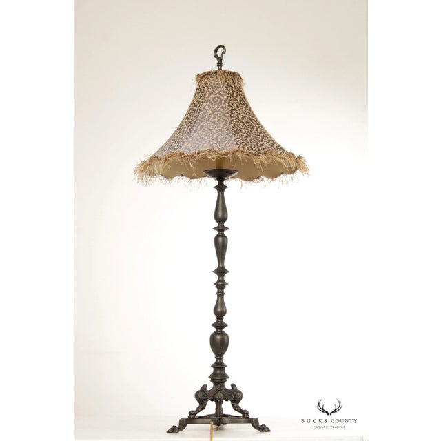 Baroque Baroque Style Pair Tall Cast Bronzed Metal Candlestick Lamps with Custom Feather Shades For Sale - Image 3 of 12