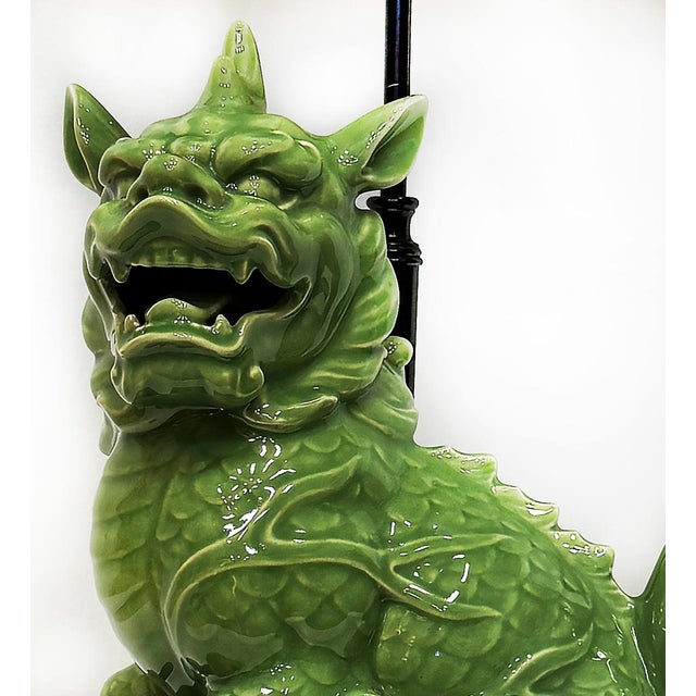 1940s Chinoiserie Celadon Porcelain Foo Dog Lamp, Custom Shade Offered for sale is an early 20th century porcelain foo dog...