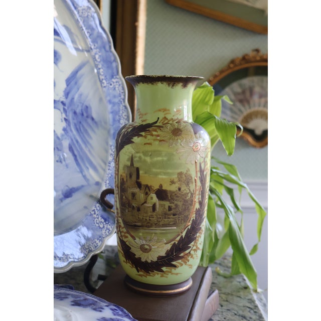 Late 19th-Century Victorian Bristol-Style Green Opaline Scenic Glass Vase For Sale - Image 16 of 18