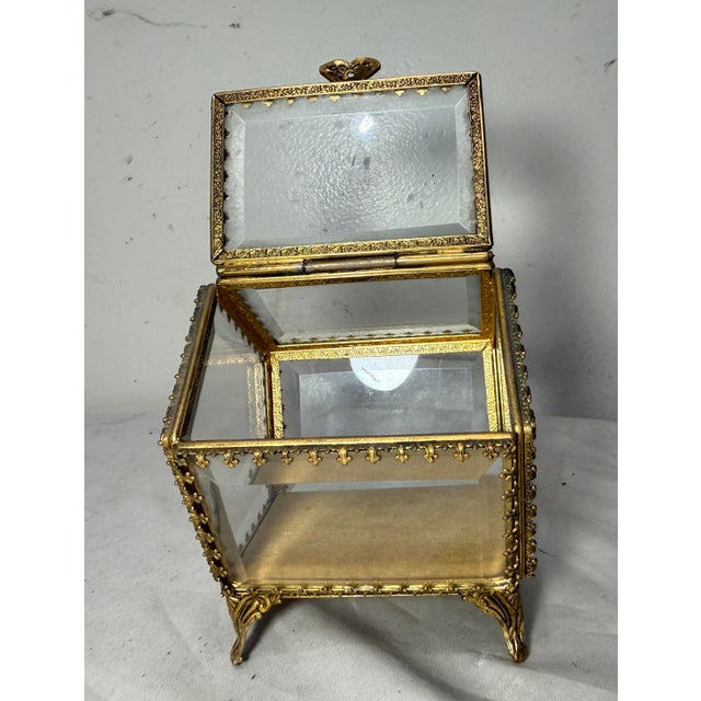 Antique Gold Gilded Brass Beveled Glass Velour Jewelry Casket Jar Box Display For Sale - Image 9 of 12