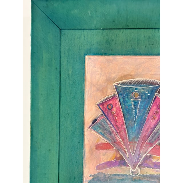 Wood “Express Yourself” Vintage 1989 Tom Roll Abstract Mixed Media Painting in Teal Frame, 18" X 20" For Sale - Image 7 of 9