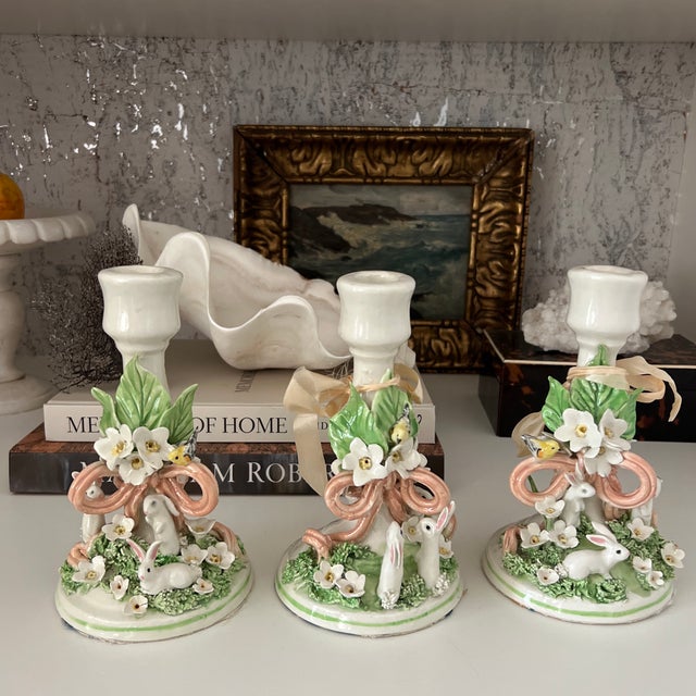 Charming 1980s Hand Crafted English Pottery Rabbit and Bird Candlestick Holders With Ribbon Detail - Set of 3 For Sale - Image 12 of 12