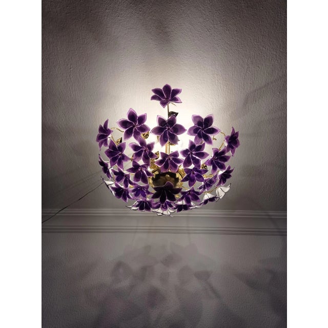 Vintage 1970s Murano Purple Glass Semi-Flush Mount Calla Lily Hand Painted Chandelier For Sale - Image 6 of 12