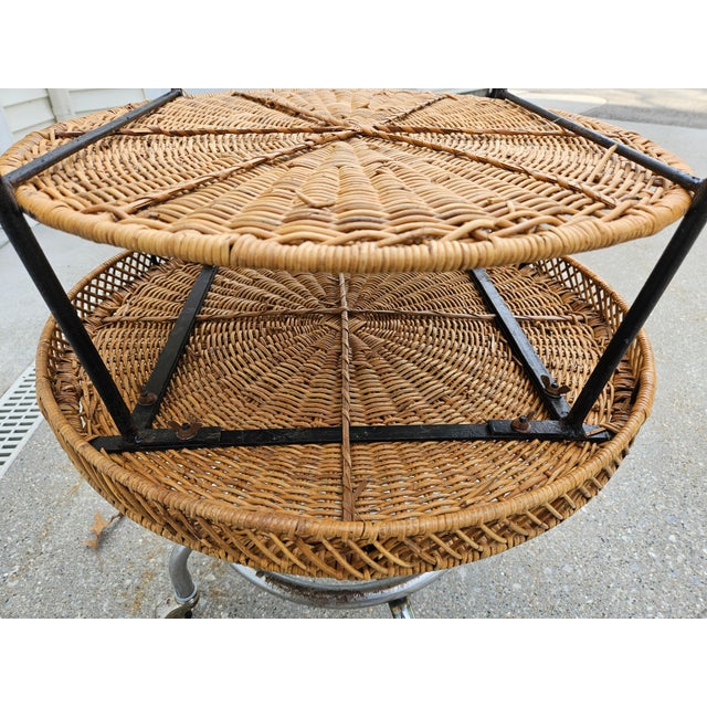 60s Round Wicker Rattan Side Table Brass Ball Feet For Sale - Image 11 of 14