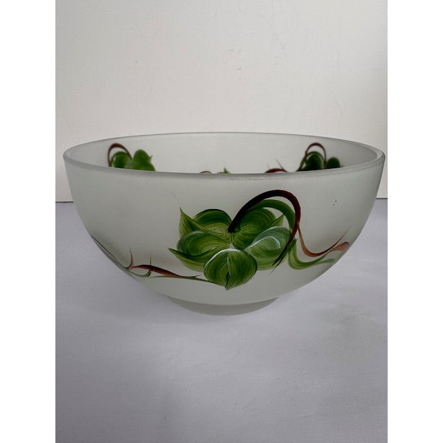 Vintage Frosted Glass Salad Set With Hand Painted Leaves – Bowl, Oil & Vinegar, Salt & Pepper - 5 pcs For Sale - Image 13 of 17