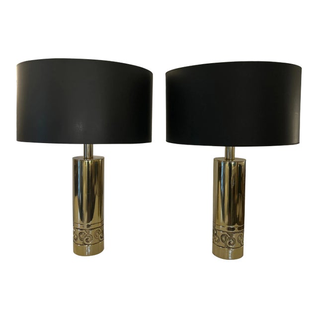1970s Pierre Cardin Signature Brass Columnar Table Lamps a Pair For Sale