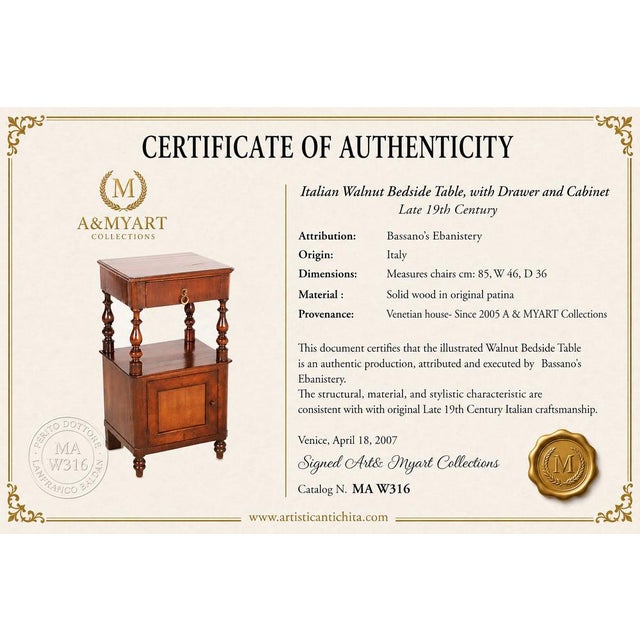 Wood Italian Walnut Bedside Table with Drawer and Cabinet, Late 19th Century For Sale - Image 7 of 8