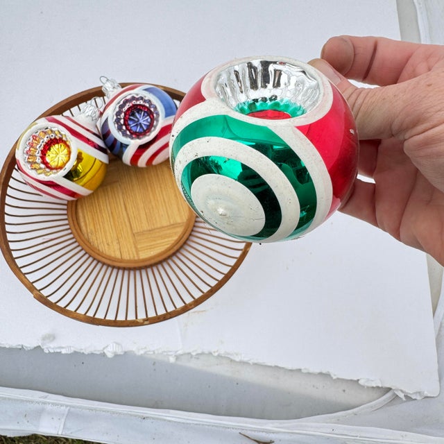 Mid-Century Modern 1990s Kurt Adler Style Colorful Reflector Striped Ornaments- Set of Three For Sale - Image 3 of 9