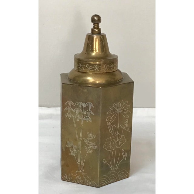 Vintage Chinese Brass Chinoiserie Engraved Tea Caddy For Sale - Image 4 of 7