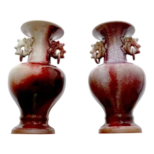 Pair of Early 1900s Sang De Boeuf Vases With Copper Rings