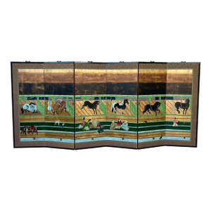 Early 20th Century Japanese Edo Style Six Panel Screen Horses in Stable