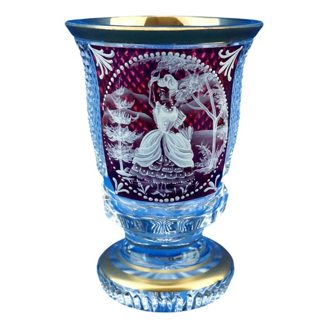 Cut Crystal Goblet Vase with Glass Paste Lady attributed to Val Saint Lambert, Belgium, 19th Century For Sale