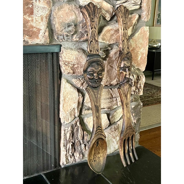 Wood 1960s Mid-Century Spanish Revival Oversized Hand-Carved Wood Fork & Spoon Wall Decor - Pair For Sale - Image 7 of 8