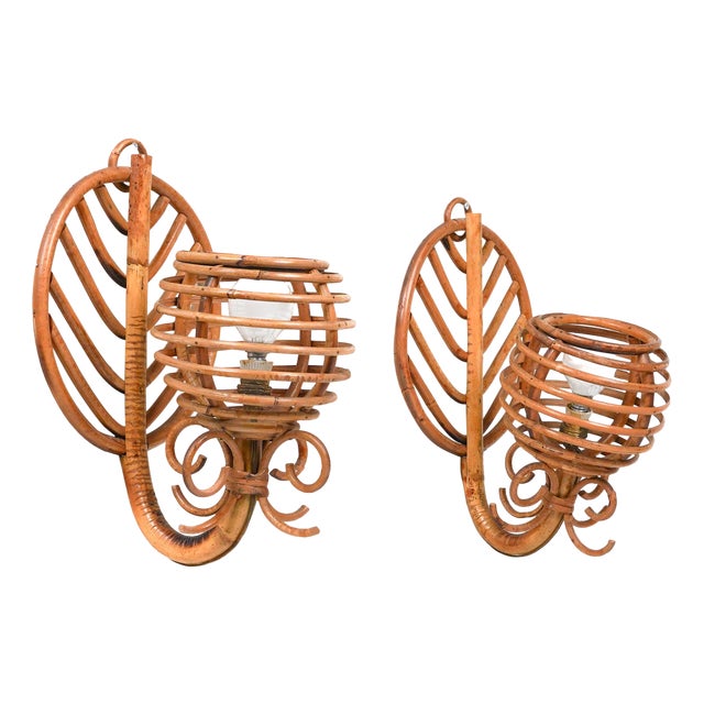 Rattan & Bamboo Sconces attributed to Louis Sognot, France, 1960s, Set of 2 For Sale