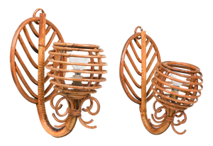 Rattan & Bamboo Sconces attributed to Louis Sognot, France, 1960s, Set of 2