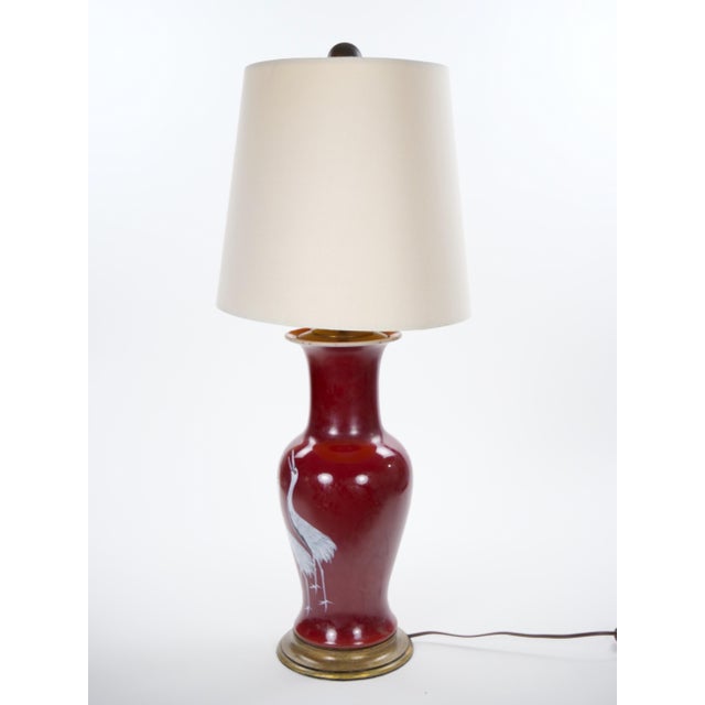 Pair of Mid-20th Century Burgundy Red Porcelain Chinoiserie Heron Table Lamps For Sale - Image 11 of 12