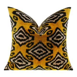 Handmade Silk Velvet Geometric Throw Pillow in Gold and Gray with Down Feather Insert For Sale