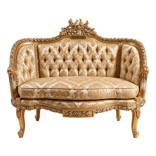 French-Style Tufted Sofa – Gold Leaf Carved Frame, Damask Upholstery & Ornate Floral Details For Sale