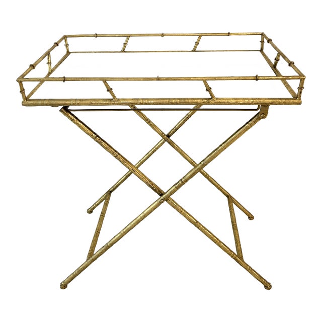 Gold Metal Faux Bamboo Mirrored Bar Table For Sale