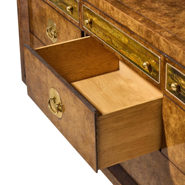 Wood Bernhard Rohne for Mastercraft Mid Century Burlwood and Acid Etched Brass Dresser For Sale - Image 7 of 8