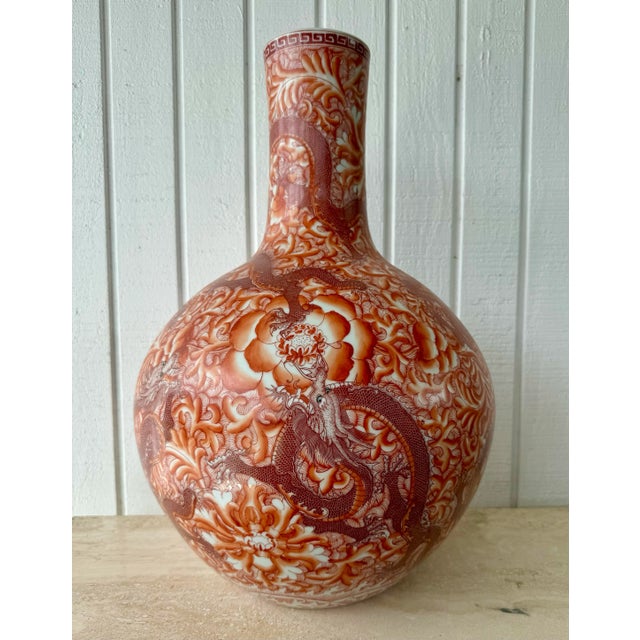 Red Pair of Oversized Green Eyed Red Dragon Five Fingered Claws Chinese Vases For Sale - Image 8 of 10