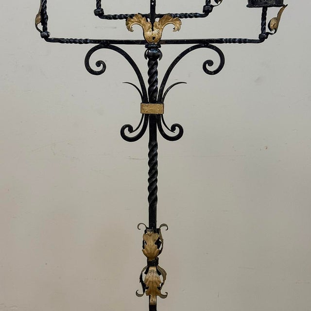 Metal Spanish Revival Hand Forged Iron and Brass Torchère ~ Floor Candelabra For Sale - Image 7 of 18