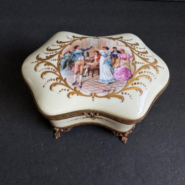 French Porcelain Casket Trinket Box Hand Painted Courting Couple Dancing Scene A beautiful trinket box with gold gilt trim...