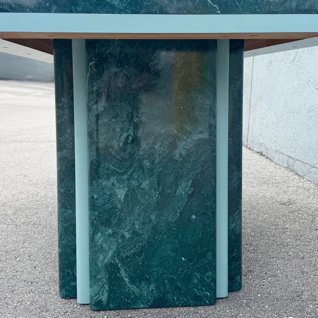 Paper Postmodern Sky Blue and Faux Green Marble Laminate Dining Table For Sale - Image 7 of 12