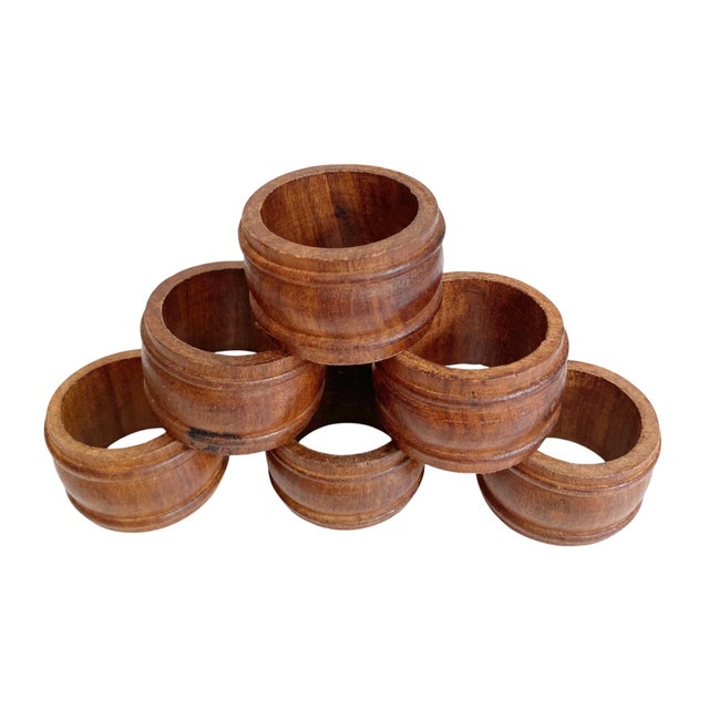 Vintage Mid-Century Modern Teak Wood Napkin Rings – Set of 6, Boho Neutral Wood Table Setting For Sale - Image 4 of 4