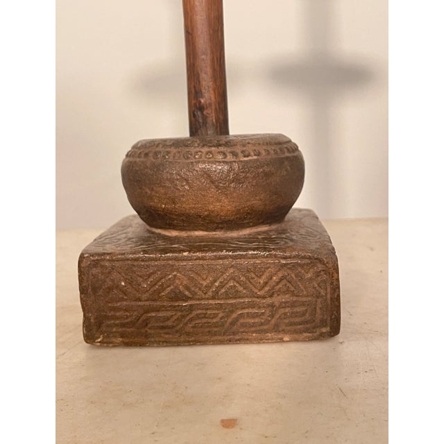 Rustic European Late 19th Century Candle Holder in Wood, Metal and Stone Engraved Details For Sale - Image 3 of 5