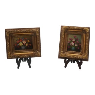 Pair of Floral Still Life Oil on Board Paintings For Sale