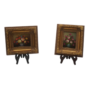 Pair of Floral Still Life Oil on Board Paintings