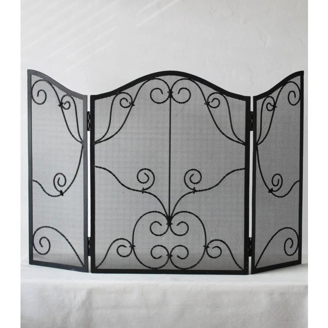 French Vintage French Style Black Mesh Fireplace Screen Metal Scrollwork Details For Sale - Image 3 of 11