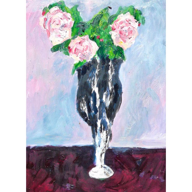 Lavender Three French Roses in a Vase, Oil Painting For Sale - Image 8 of 8