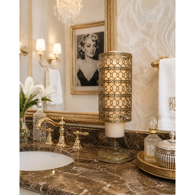 This vintage Hollywood Regency Dixie cup dispenser is a striking piece of midcentury vanity decor, finished in a luxe gold...