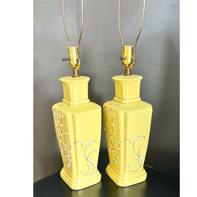 Mid-Century Porcelain, Pale Yellow Table Lamps, Raised Chinoiserie ...