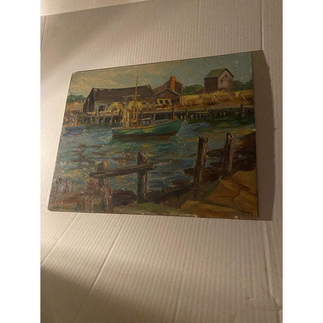 Vintage Signed Maritime Habor Oil Painting Harbor Scene With a Boat For Sale - Image 4 of 12