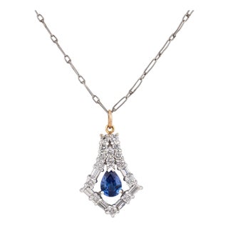 Vintage Tanzanite Diamond 18k White Gold Pendant Necklace For Sale