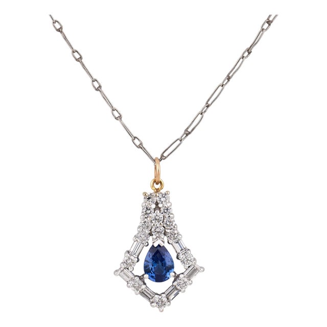 Vintage Tanzanite Diamond 18k White Gold Pendant Necklace For Sale