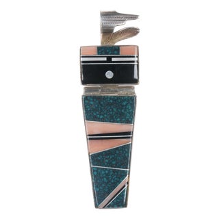 Larry M Chavez Navajo sterling High grade turquoise, Coral, black jade yei pendant For Sale