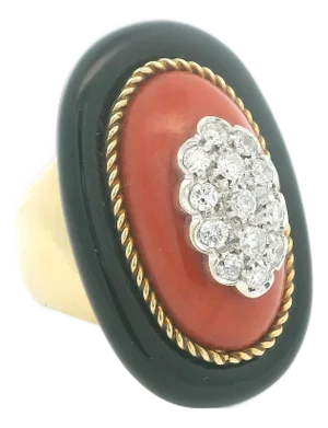1970s Italian Coral, Onyx & Diamond 18k Gold Cocktail Ring, Size 7
