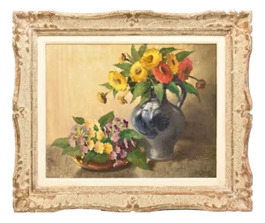 Yellow and Red Gerberas, Oil on Canvas, 20th Century, Framed