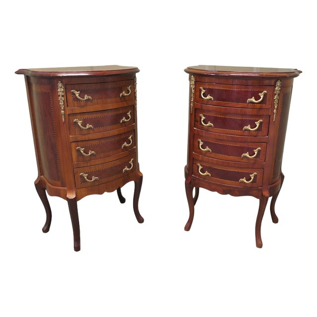 French Louis XV Style Bow Front Bedside Chests of Drawers, 1920, Set of 2 For Sale