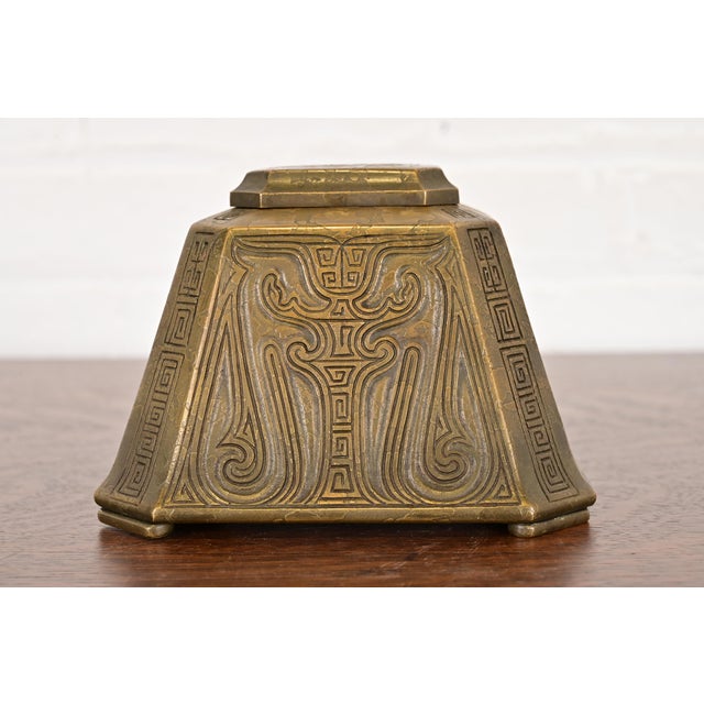 A gorgeous Arts & Crafts period "Chinese" pattern bronze large inkwell By Tiffany Studios (signed to the underside) New...