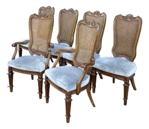 1970s White Fine Furniture French Provincial Fruitwood Carved Cane Back Dining Chairs - Set of 6
