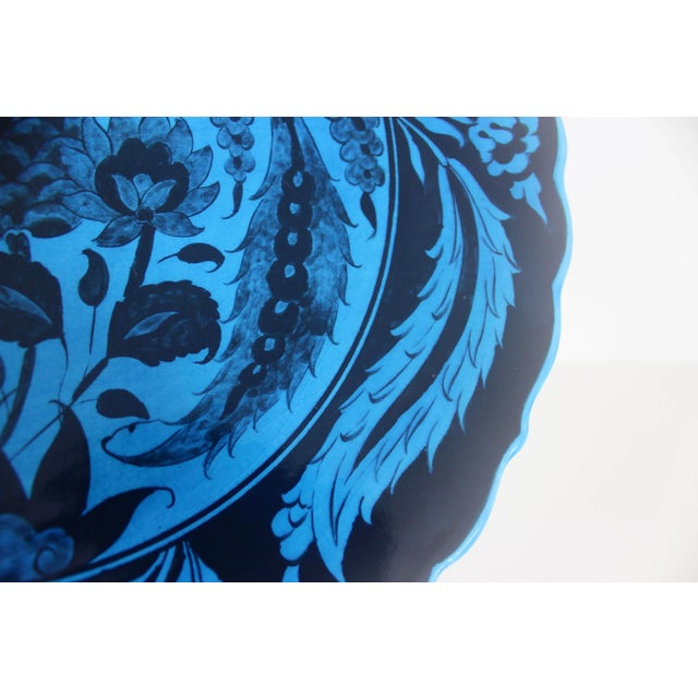 Mid 20th Century Vintage Turkish Ceramic Wall Plate, Signed by Artist, Hand Painted Boho Decor, Styling Pomegranate Floral Deep Blue Teal Black For Sale - Image 5 of 10
